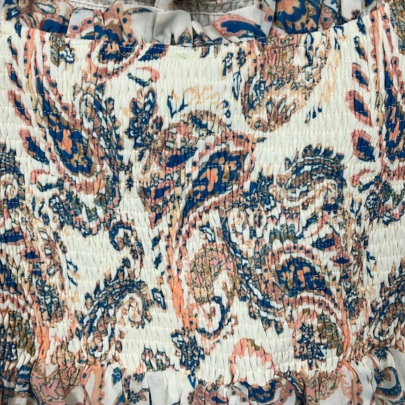 Flying Tomato Womens Top M Cream Blue Gold Smocked Bodice Off-Shoulder Smocked - Picture 10 of 12